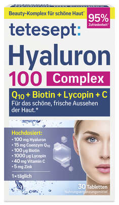 Sie sehen eine Packung tetesept Hyaluron 100mg Fta 30 Stk., Produktbild: 01 tetesept Hyaluron 100mg Fta 30 Stk., A-Nr.: 5179699 - 01