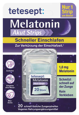 Sie sehen eine Packung tetesept Melatonin Akut Strips 20St, Produktbild: 01 tetesept Melatonin Akut Strips 20St, A-Nr.: 6007121 - 01