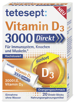 Sie sehen eine Packung TETESEPT Vitamin D3 3000 Direct Stick 20 St., Produktbild: 01 TETESEPT Vitamin D3 3000 Direct Stick 20 St., A-Nr.: 6007115 - 01