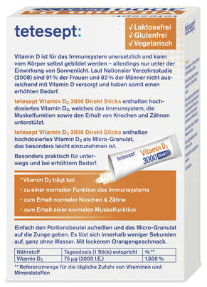 Sie sehen eine Packung TETESEPT Vitamin D3 3000 Direct Stick 20 St., Produktbild: 04 TETESEPT Vitamin D3 3000 Direct Stick 20 St., A-Nr.: 6007115 - 04