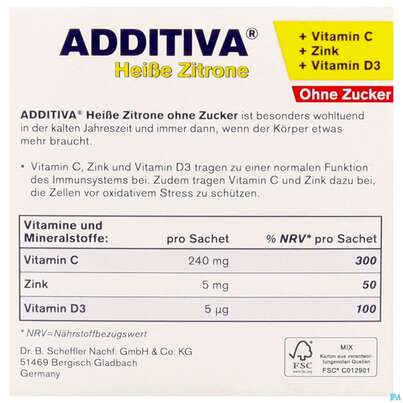 Sie sehen eine Packung Additiva Pulver Heisse Zitrone Ohne Zucker 10st, Produktbild: 03 Additiva Pulver Heisse Zitrone Ohne Zucker 10st, A-Nr.: 5810092 - 03
