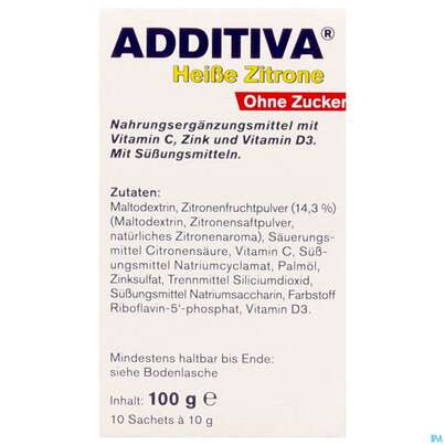 Sie sehen eine Packung Additiva Pulver Heisse Zitrone Ohne Zucker 10st, Produktbild: 04 Additiva Pulver Heisse Zitrone Ohne Zucker 10st, A-Nr.: 5810092 - 04