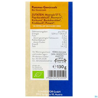 Sie sehen eine Packung Sonnentor Gewuerz Gewuerzsalz Pommes Bio 01259 130g, Produktbild: 03 Sonnentor Gewuerz Gewuerzsalz Pommes Bio 01259 130g, A-Nr.: 5913627 - 03