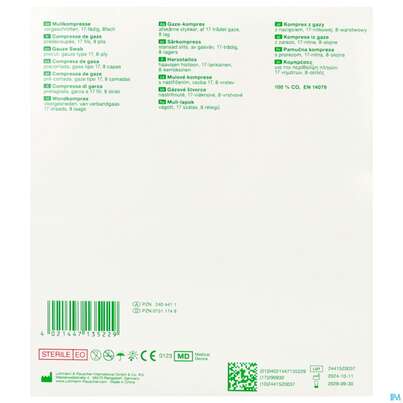 Sie sehen eine Packung Schlitzkompressen Gazin 17faedig Steril 8fach 10x 10cm 50x2 100st, Produktbild: 03 Schlitzkompressen Gazin 17faedig Steril 8fach 10x 10cm 50x2 100st, A-Nr.: 2404411 - 03