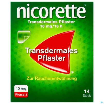 Sie sehen eine Packung Nicorette Transdermales Pflaster 10mg/16h 14st, Produktbild: 01 Nicorette Transdermales Pflaster 10mg/16h 14st, A-Nr.: 3537410 - 01