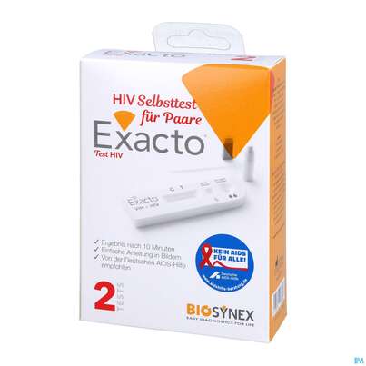 Sie sehen eine Packung Diagnostika U.zubehoer Selbsttest Exacto Hiv Fuer Paare 2st, Produktbild: 02 Diagnostika U.zubehoer Selbsttest Exacto Hiv Fuer Paare 2st, A-Nr.: 4942093 - 02