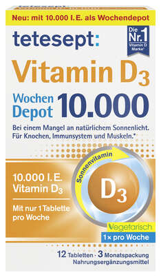 Sie sehen eine Packung TETESEPT Vitamin D3 10.000 Wochendepot FTA, Produktbild: 01 TETESEPT Vitamin D3 10.000 Wochendepot FTA, A-Nr.: 6011631 - 01