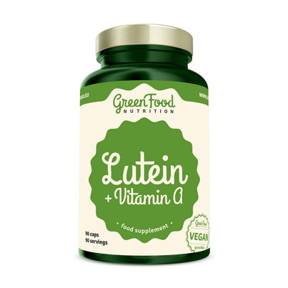 Sie sehen eine Packung GreenFood Nutrition Lutein + Vitamin A 90 Kapseln, Produktbild: 01 GreenFood Nutrition Lutein + Vitamin A 90 Kapseln, A-Nr.: 6004269 - 01