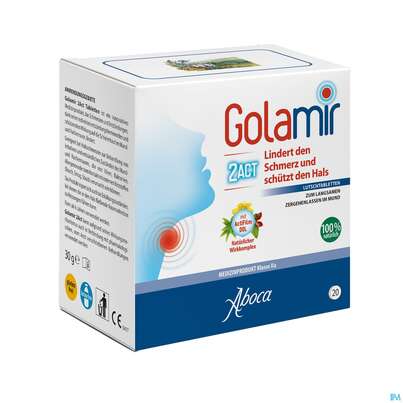 Sie sehen eine Packung Aboca Golamir 2act Lutschtabl Ab 6 Jahren Halsschmerzen 20st, Produktbild: 03 Aboca Golamir 2act Lutschtabl Ab 6 Jahren Halsschmerzen 20st, A-Nr.: 5571888 - 03