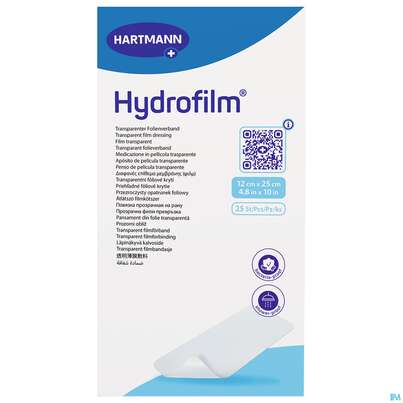 Sie sehen eine Packung Wundverband Hydrofilm 12x 25cm 25st, Produktbild: 01 Wundverband Hydrofilm 12x 25cm 25st, A-Nr.: 3697154 - 01