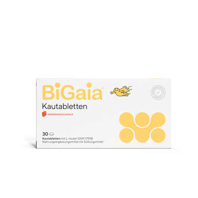 Sie sehen eine Packung BiGaia® Erdbeer Kautabletten, Produktbild: 01 BiGaia® Erdbeer Kautabletten, A-Nr.: 6022356 - 01