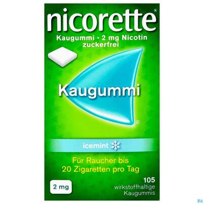 Sie sehen eine Packung Nicorette Kaugummi Z Raucherentw Icemint 2mg 105st, Produktbild: 01 Nicorette Kaugummi Z Raucherentw Icemint 2mg 105st, A-Nr.: 3904239 - 01