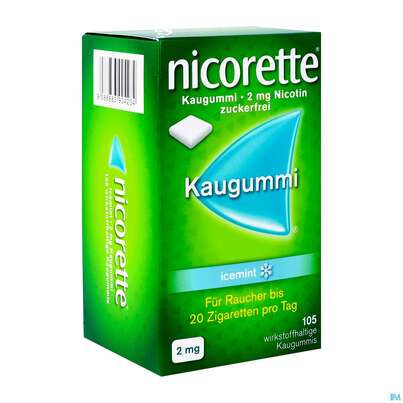 Sie sehen eine Packung Nicorette Kaugummi Z Raucherentw Icemint 2mg 105st, Produktbild: 02 Nicorette Kaugummi Z Raucherentw Icemint 2mg 105st, A-Nr.: 3904239 - 02
