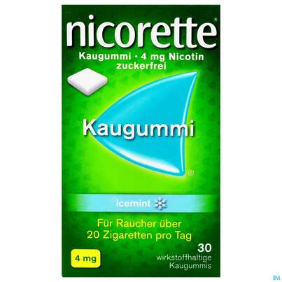 Sie sehen eine Packung Nicorette Kaugummi Z Raucherentw Icemint 4mg 30st, Produktbild: 01 Nicorette Kaugummi Z Raucherentw Icemint 4mg 30st, A-Nr.: 3904245 - 01