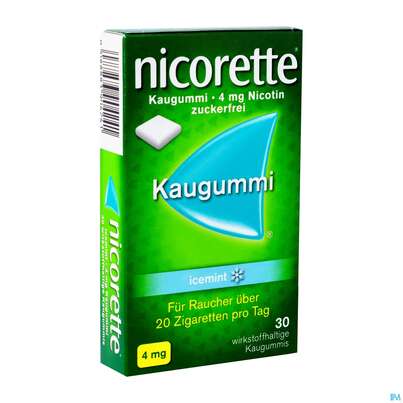 Sie sehen eine Packung Nicorette Kaugummi Z Raucherentw Icemint 4mg 30st, Produktbild: 02 Nicorette Kaugummi Z Raucherentw Icemint 4mg 30st, A-Nr.: 3904245 - 02