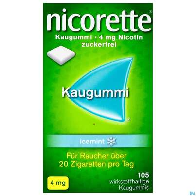 Sie sehen eine Packung Nicorette Kaugummi Z Raucherentw Icemint 4mg 105st, Produktbild: 01 Nicorette Kaugummi Z Raucherentw Icemint 4mg 105st, A-Nr.: 3904251 - 01