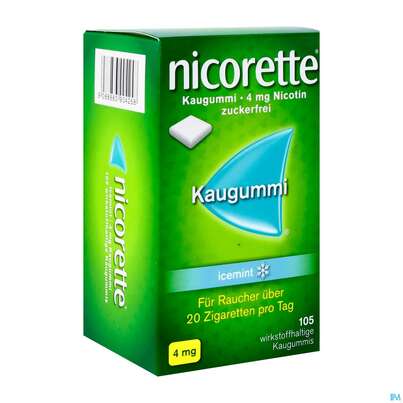 Sie sehen eine Packung Nicorette Kaugummi Z Raucherentw Icemint 4mg 105st, Produktbild: 02 Nicorette Kaugummi Z Raucherentw Icemint 4mg 105st, A-Nr.: 3904251 - 02