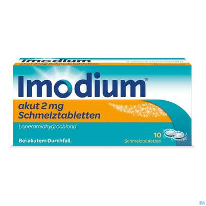 Sie sehen eine Packung Imodium Akut Schmelztabl 2mg 10st, Produktbild: 01 Imodium Akut Schmelztabl 2mg 10st, A-Nr.: 3769221 - 01