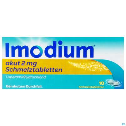 Sie sehen eine Packung Imodium Akut Schmelztabl 2mg 10st, Produktbild: 03 Imodium Akut Schmelztabl 2mg 10st, A-Nr.: 3769221 - 03