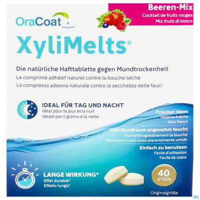 Sie sehen eine Packung Xylimelts Hafttabl 40s Beerenmix Artikelnr 01ac0042 40st, Produktbild: 01 Xylimelts Hafttabl 40s Beerenmix Artikelnr 01ac0042 40st, A-Nr.: 5960615 - 01