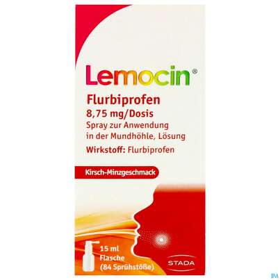 Sie sehen eine Packung Lemocin Flurbiprofen Spray Z.anw.i.d.mundhoehle Lösung 8,75mg/dosis Kirsche/minze 15ml, Produktbild: 01 Lemocin Flurbiprofen Spray Z.anw.i.d.mundhoehle Lösung 8,75mg/dosis Kirsche/minze 15ml, A-Nr.: 5531021 - 01