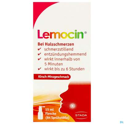 Sie sehen eine Packung Lemocin Flurbiprofen Spray Z.anw.i.d.mundhoehle Lösung 8,75mg/dosis Kirsche/minze 15ml, Produktbild: 04 Lemocin Flurbiprofen Spray Z.anw.i.d.mundhoehle Lösung 8,75mg/dosis Kirsche/minze 15ml, A-Nr.: 5531021 - 04