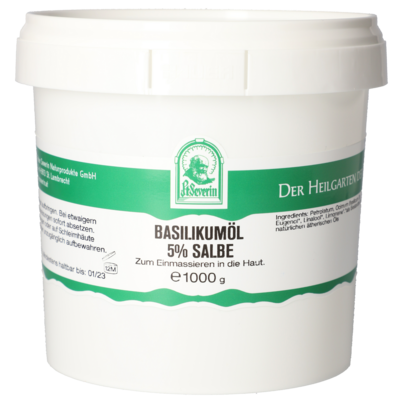 Sie sehen eine Packung BASILIKUMOEL SALBE 1000 G, Produktbild: 01 BASILIKUMOEL SALBE 1000 G, A-Nr.: 5801874 - 01