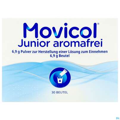 Sie sehen eine Packung Movicol Pulver 6,9g Junior Aromafrei Stick 30st, Produktbild: 01 Movicol Pulver 6,9g Junior Aromafrei Stick 30st, A-Nr.: 5525747 - 01