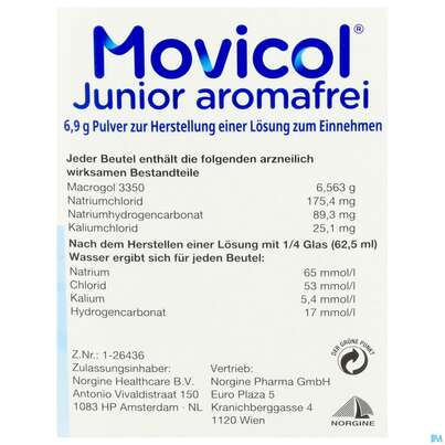 Sie sehen eine Packung Movicol Pulver 6,9g Junior Aromafrei Stick 30st, Produktbild: 04 Movicol Pulver 6,9g Junior Aromafrei Stick 30st, A-Nr.: 5525747 - 04