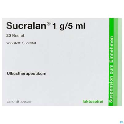 Sie sehen eine Packung Sucralan Orale Susp 1g/5ml Btl 20st, Produktbild: 01 Sucralan Orale Susp 1g/5ml Btl 20st, A-Nr.: 1286429 - 01