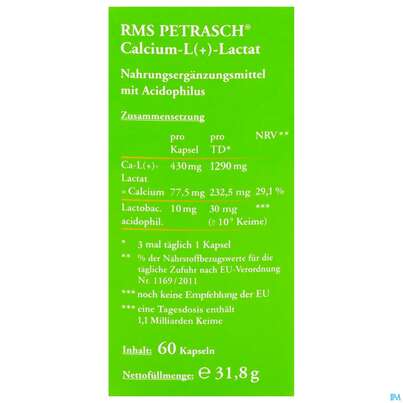 Sie sehen eine Packung Rms-petrasch Kapseln +acidophilus Calcium L (+) Lactat Petrasch 60st, Produktbild: 04 Rms-petrasch Kapseln +acidophilus Calcium L (+) Lactat Petrasch 60st, A-Nr.: 2332479 - 04