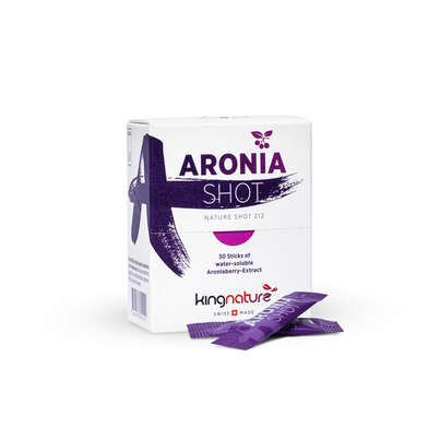 Sie sehen eine Packung KINGNATURE Aronia Shot wasserlösl Extr 1 g 30 Stk, Produktbild: 01 KINGNATURE Aronia Shot wasserlösl Extr 1 g 30 Stk, A-Nr.: 4596343 - 01