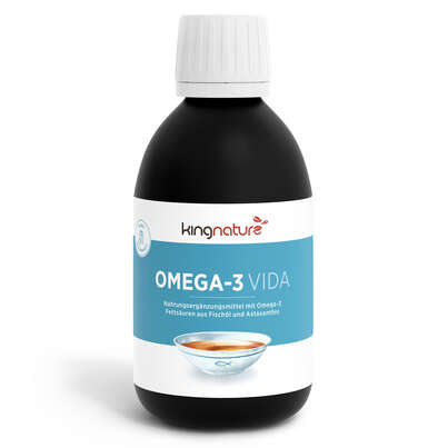 Sie sehen eine Packung KINGNATURE OMEGA-3 VIDA liq Fl 250 ml, Produktbild: 01 KINGNATURE OMEGA-3 VIDA liq Fl 250 ml, A-Nr.: 5067109 - 01