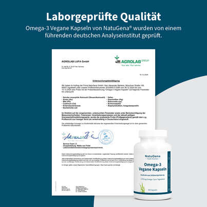 Sie sehen eine Packung NatuGena Omega-3 Vegane Kapseln, Produktbild: 10 NatuGena Omega-3 Vegane Kapseln, A-Nr.: 5847310 - 10
