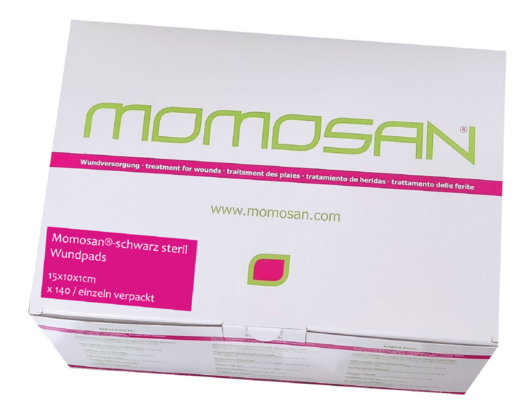 Sie sehen eine Packung MOMOSAN-schwarz steril Wund-Pads 15x10x1cm, 140 Stück, Produktbild: 01 MOMOSAN-schwarz steril Wund-Pads 15x10x1cm, 140 Stück, A-Nr.: 3995093 - 01