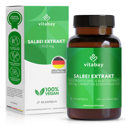 Sie sehen eine Packung Vitabay Salbei Extrakt mit 2,5 % Rosmarinsäure, Produktbild: 01 Vitabay Salbei Extrakt mit 2,5 % Rosmarinsäure, A-Nr.: 6048829 - 01