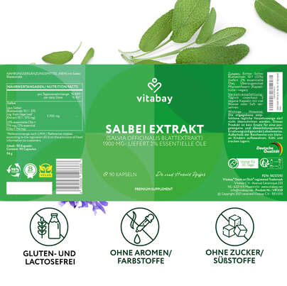 Sie sehen eine Packung Vitabay Salbei Extrakt mit 2,5 % Rosmarinsäure, Produktbild: 06 Vitabay Salbei Extrakt mit 2,5 % Rosmarinsäure, A-Nr.: 6048829 - 06
