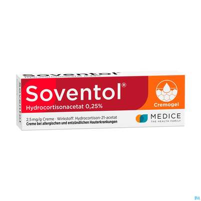 Sie sehen eine Packung Soventol Hydrocortisonacetat Creme 0,25% 20g, Produktbild: 04 Soventol Hydrocortisonacetat Creme 0,25% 20g, A-Nr.: 5518701 - 04