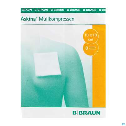Sie sehen eine Packung Mullkompressen Askina 8fach/unsteril 10x 10 Cm 100st, Produktbild: 01 Mullkompressen Askina 8fach/unsteril 10x 10 Cm 100st, A-Nr.: 1779014 - 01