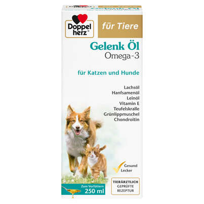 Sie sehen eine Packung Doppelherz für Tiere Gelenk Öl Omega-3 für Katzen und Hunde, Produktbild: 01 Doppelherz für Tiere Gelenk Öl Omega-3 für Katzen und Hunde, A-Nr.: 5678445 - 01
