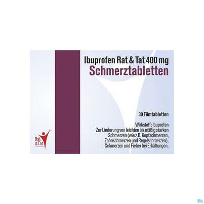 Sie sehen eine Packung Ibuprofen-rat&tat Schmerztabl 400mg 30st, Produktbild: 02 Ibuprofen-rat&tat Schmerztabl 400mg 30st, A-Nr.: 4482059 - 02