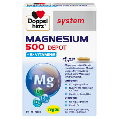 Sie sehen eine Packung Doppelherz system Magnesium 500 DEPOT + B-Vitamine, Produktbild: 01 Doppelherz system Magnesium 500 DEPOT + B-Vitamine, A-Nr.: 6008735 - 01