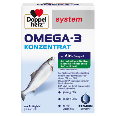 Sie sehen eine Packung Doppelherz system OMEGA-3 KONZENTRAT, Produktbild: 01 Doppelherz system OMEGA-3 KONZENTRAT, A-Nr.: 3448511 - 01