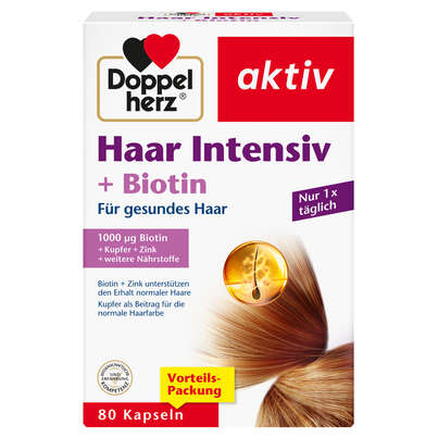Sie sehen eine Packung Doppelherz Haar Intensiv + Biotin - Für ein gesundes Haar, Produktbild: 01 Doppelherz Haar Intensiv + Biotin - Für ein gesundes Haar, A-Nr.: 5678132 - 01