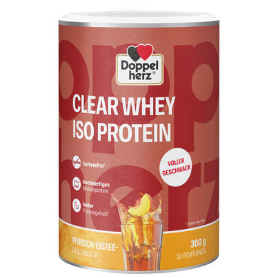 Sie sehen eine Packung Doppelherz CLEAR WHEY ISO PROTEIN Pfirsich-Eistee, Produktbild: 01 Doppelherz CLEAR WHEY ISO PROTEIN Pfirsich-Eistee, A-Nr.: 5989547 - 01