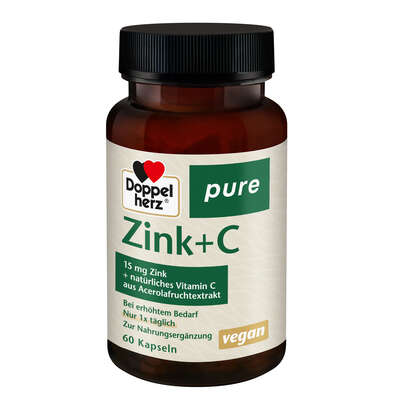 Sie sehen eine Packung Doppelherz pure Zink + C ohne Gelatine, Produktbild: 01 Doppelherz pure Zink + C ohne Gelatine, A-Nr.: 5677115 - 01