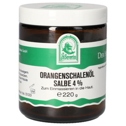 Sie sehen eine Packung ORANGENSCHALENÖL SALBE 4% 220 G, Produktbild: 01 ORANGENSCHALENÖL SALBE 4% 220 G, A-Nr.: 5802431 - 01