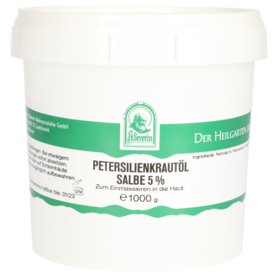 Sie sehen eine Packung PETERSILIENKRAUTÖL SALBE 5% 1000 G, Produktbild: 01 PETERSILIENKRAUTÖL SALBE 5% 1000 G, A-Nr.: 5802543 - 01