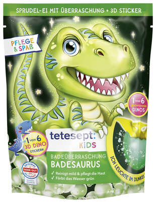 Sie sehen eine Packung TETESEPT KIDS BÜ Badesaurus 1ST, Produktbild: 01 TETESEPT KIDS BÜ Badesaurus 1ST, A-Nr.: 6117648 - 01