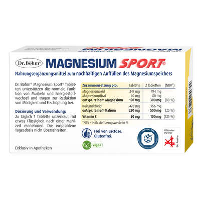 Sie sehen eine Packung Dr. Böhm Magnesium Sport Tabletten, Produktbild: 06 Dr. Böhm Magnesium Sport Tabletten, A-Nr.: 2682765 - 06